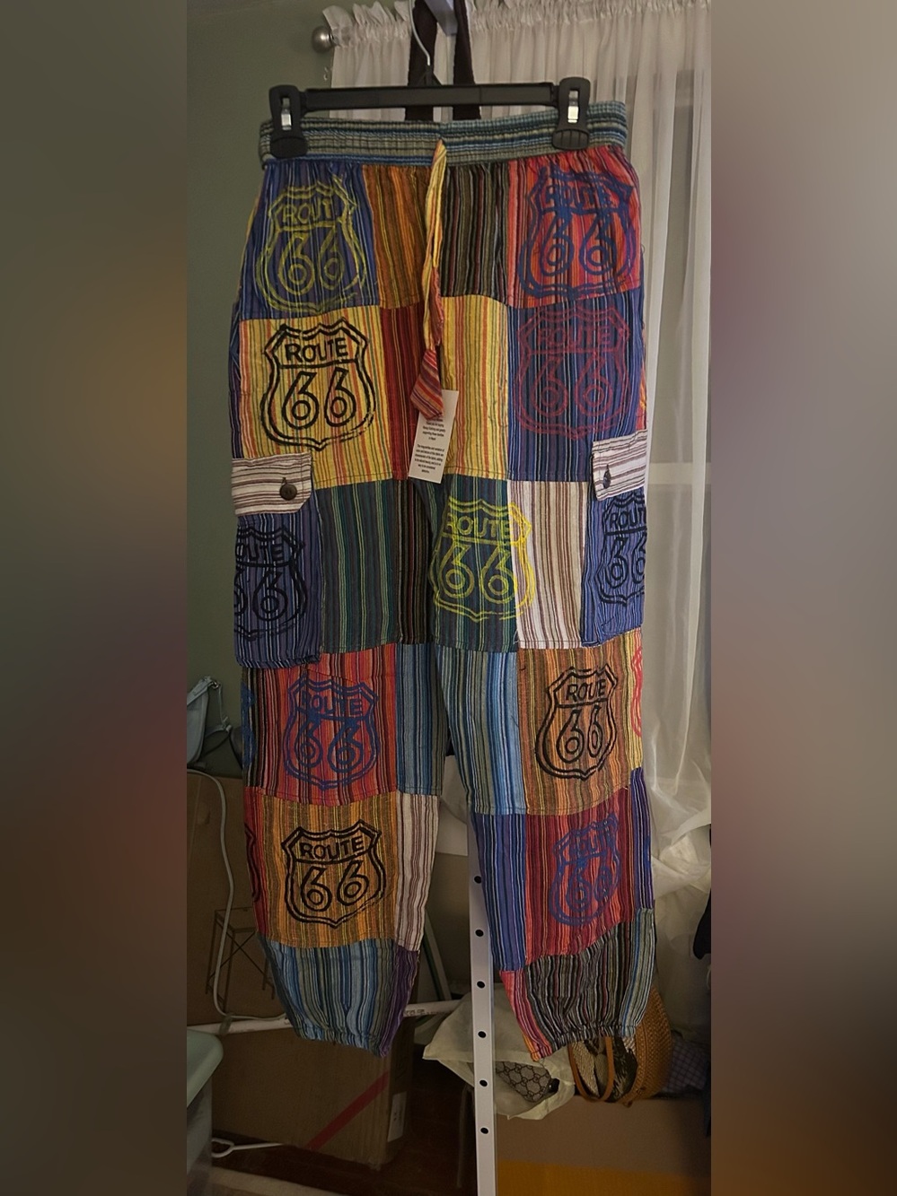 Multicolor Striped Patchwork Joggers with Route 66 Motifs